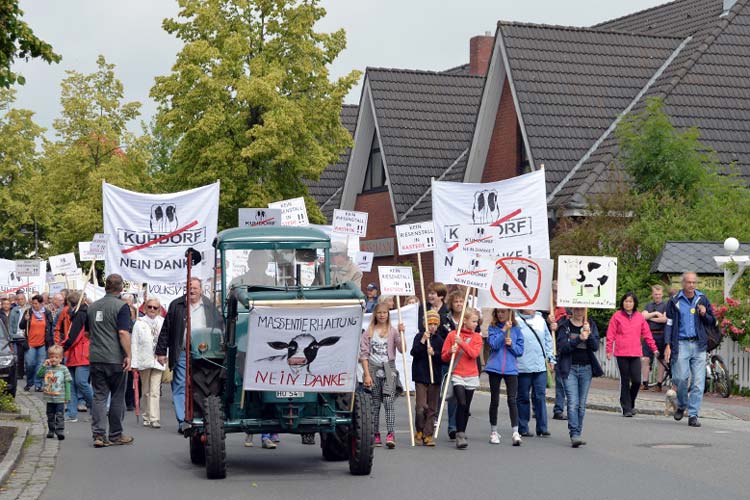 Rund 300 Rasteder Bürger zogen durch Rastede, um gegen den geplanten Großkuhstall in Kleibrok zu demonstrieren.