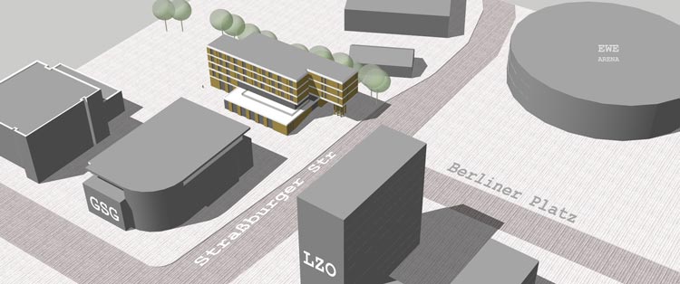 Das Gebäude der neuen Jugendherberge soll mit der Schmalseite zum Berliner Platz ausgerichtet werden, zwei Riegel werden sich aneinander vorbeischieben. So die bisherigen Planungen.