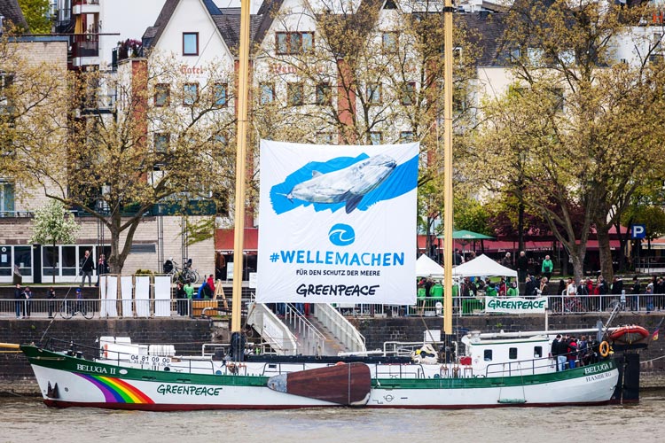 Greenpeace macht in Oldenburg „eine Welle“. Foto: Bernd Lauter / Greenpeace Im Rahmen der Kampagne Welle machen für den Schutz der Meere legt das Greenpeace-Schiff Beluga II in Oldenburgs Stadthafen an.