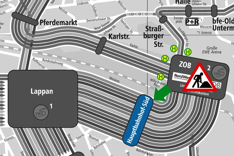 Bis zum 31. Juli wird die Fahrbahn am ZOB saniert. Die Busse starten und enden am „Hauptbahnhof-Süd“. Grafik: VWG Bis zum 31. Juli wird die Fahrbahn am Oldenburger ZOB saniert.