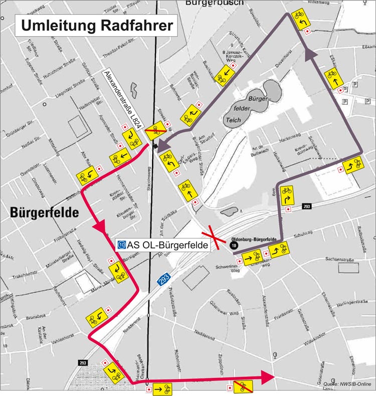 Auch Radfahrer und Fußgänger können während des Wochenendes nicht passieren und müssen Umleitungen fahren. Grafik: Niedersächsische Landesbehörde für Straßenbau und Verkehr Radfahrer und Fußgänger können die Alexanderstraße während des Wochenendes nicht passieren und müssen Umleitungen fahren.