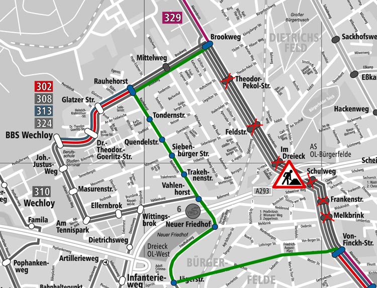 Einige Buslinien der Verkehr und Wasser GmbH (VWG) ändern ihre Streckenführung. Grafik: VWG Einige Buslinien der Verkehr und Wasser GmbH (VWG) ändern ihre Streckenführung.