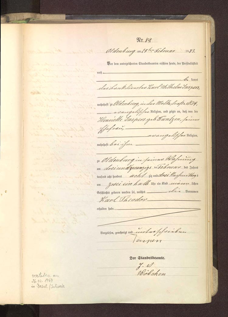 Karl Jaspers Geburtsurkunde, Oldenburg, 23. Februar 1883.