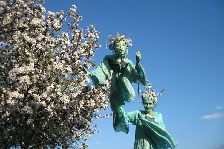 Die „bezaubernde Blütenfee“ zieht mit anderen Walk Acts durch die Innenstadt.