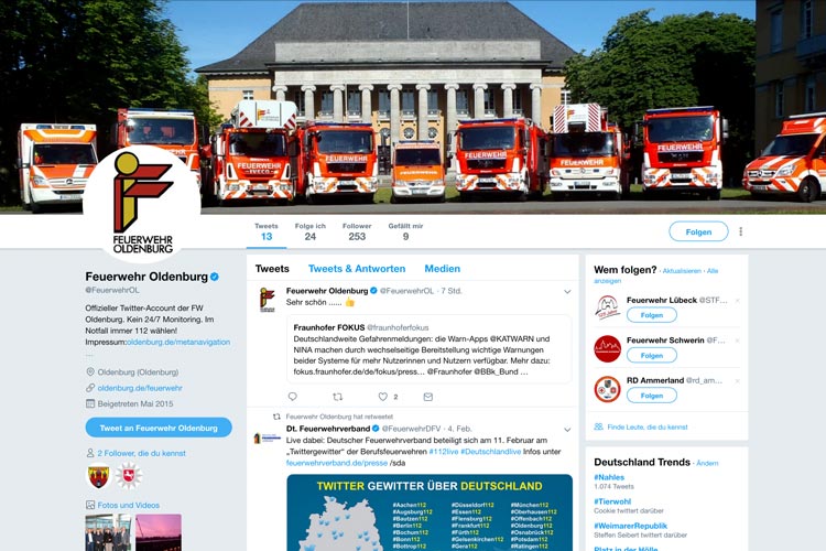 Screenshot des Twitter-Kanals der Feuerwehr Oldenburg.