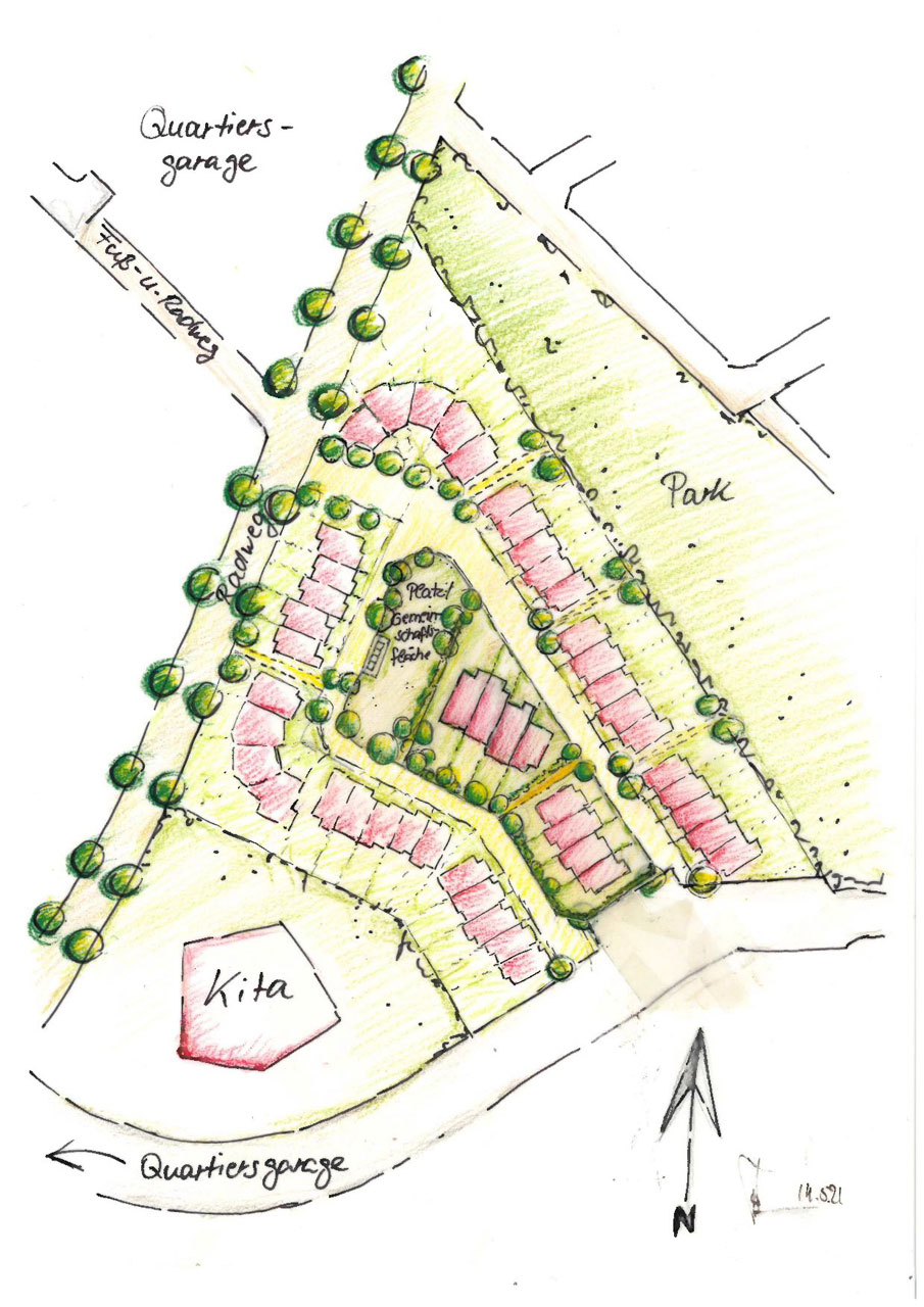 So könnte das Quartier ModellFlieger aussehen: Drei Reihen an Stadthäusern umgeben von Park und Kita und viel Grün.