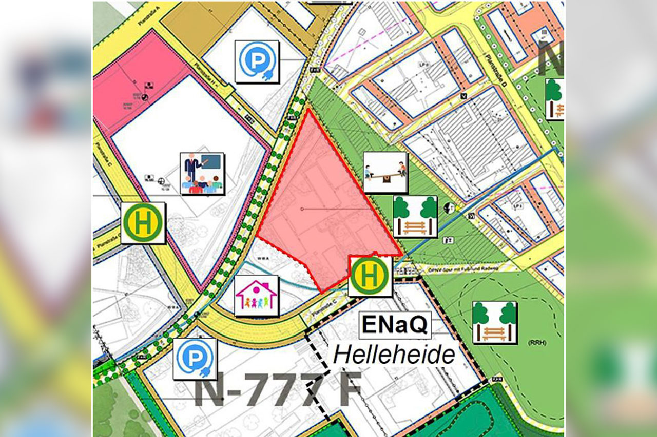 Übersicht der Lage des neuen Quartiers ModellFlieger innerhalb des Baugebiets Helleheide.