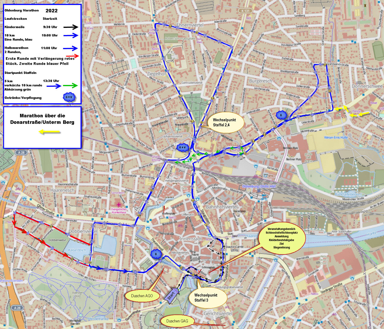 Plan der Laufstrecke des Oldenburg Marathons.