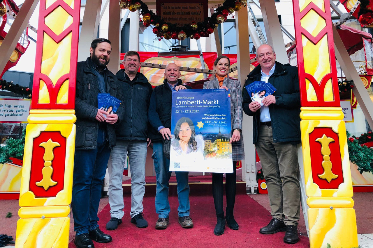 Freuen sich auf den Lamberti-Markt und den Weihnachtszauber: Dennis Ostendorf, Christian Aster, Michael Hempen, Dr. Julia Figura und Michael Lorenz. (von links)