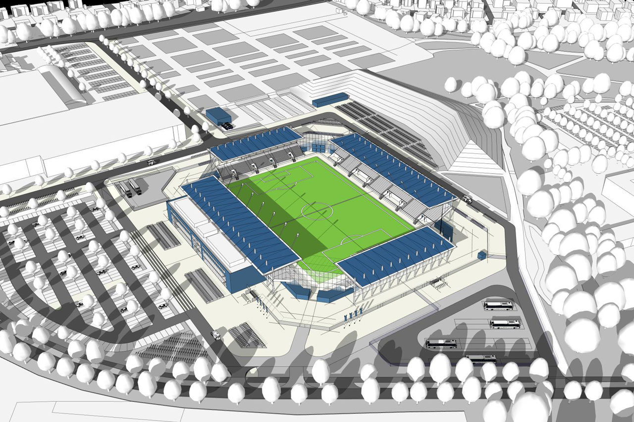 So könnte das neue Stadion an der Maastrichter Straße aussehen. Das vom Planungsbüro AS + P erstellte Modell zeigt ein Basisstadion mit einer Kapazität von 7.500 Plätzen.