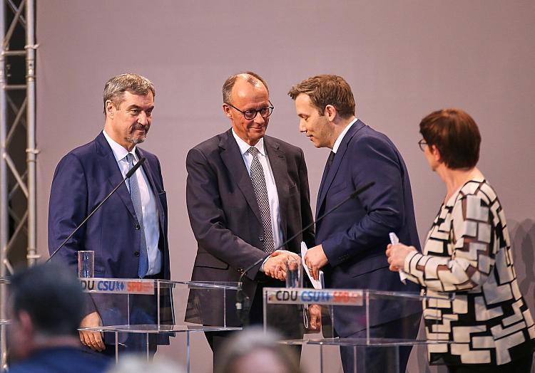 Söder, Merz, Klingbeil, Esken am 09.04.2025, via dts Nachrichtenagentur