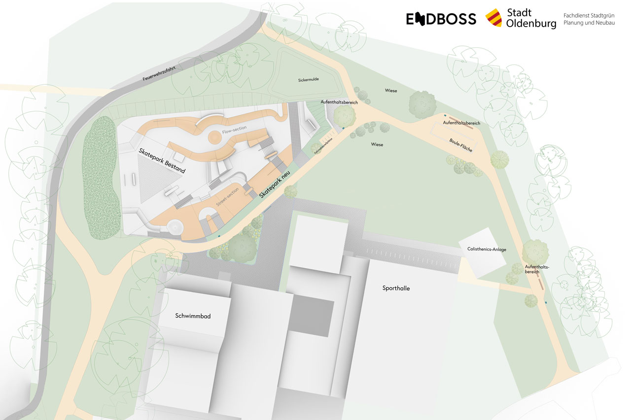 Der neue Street-Flow Skatepark am Brandsweg in Eversten soll in diesem Winter 2025/26 eröffnet werden. Zur Neugestaltung gehört auch die Erweiterung der umliegenden Grünanlagen.