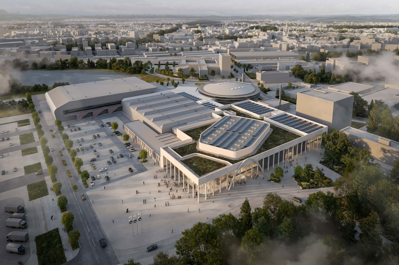So fügen sich die Neubauten der Kongresshalle und der Festsäle in das Gesamtbild der Weser-Ems-Hallen ein.