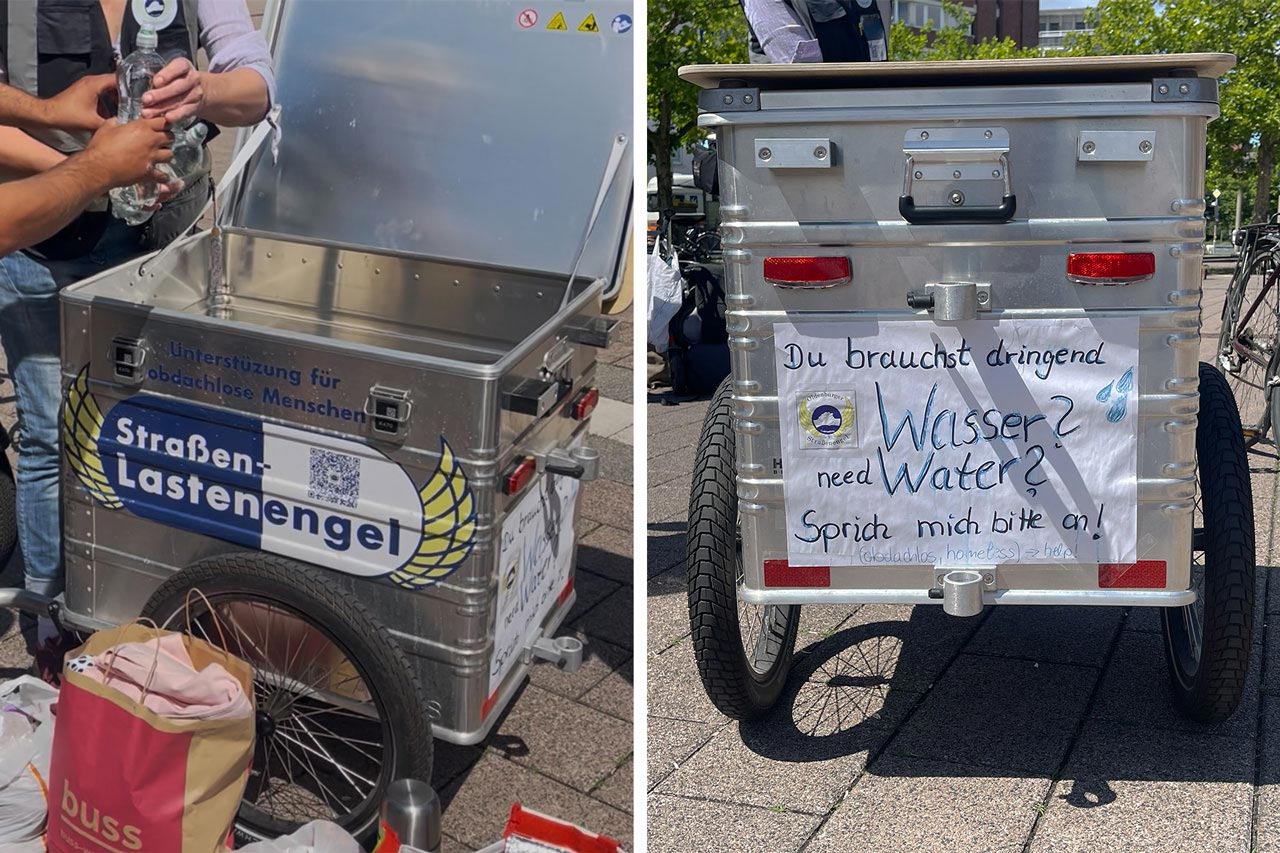 Der Fahrradanhänger der Lastenengel beinhaltet Getränke, Brötchen und Snacks für Bedürftige.