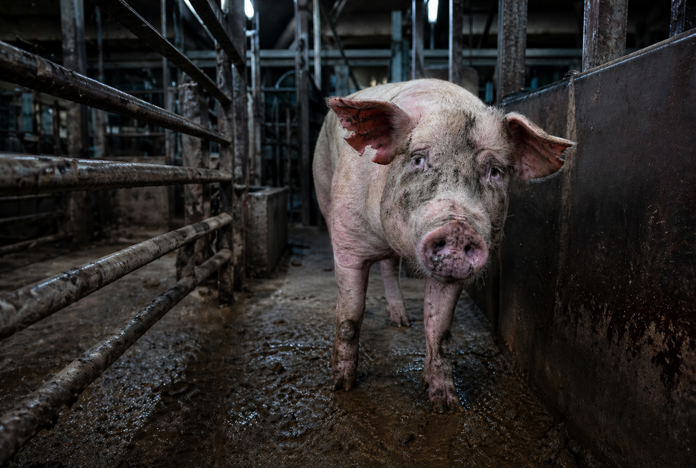 Ein Schwein wartet im Schlachthaus.