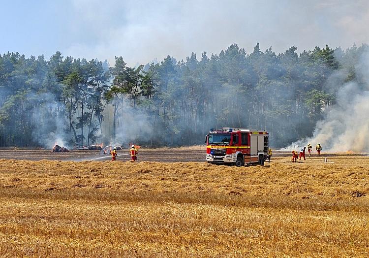 Bei einem Flächenbrand während der Strohernte in Adendorf haben Einsatzkräfte der Feuerwehr am Montag einen größeren Waldbrand verhindert.