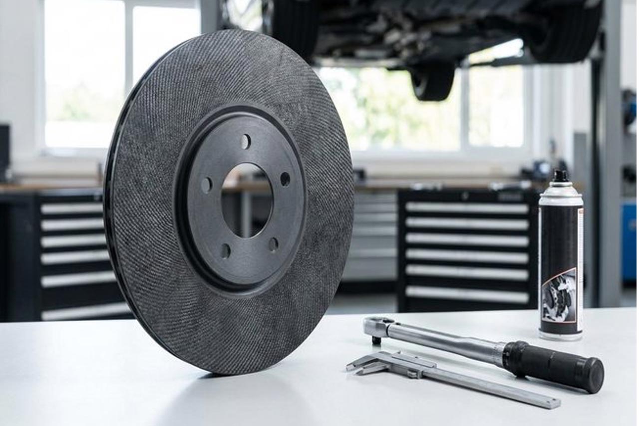 Die mattschwarze Oberfläche und die feine Gewebestruktur sind typisch für Keramik- beziehungsweise Carbon-Keramik-Bremsscheiben.