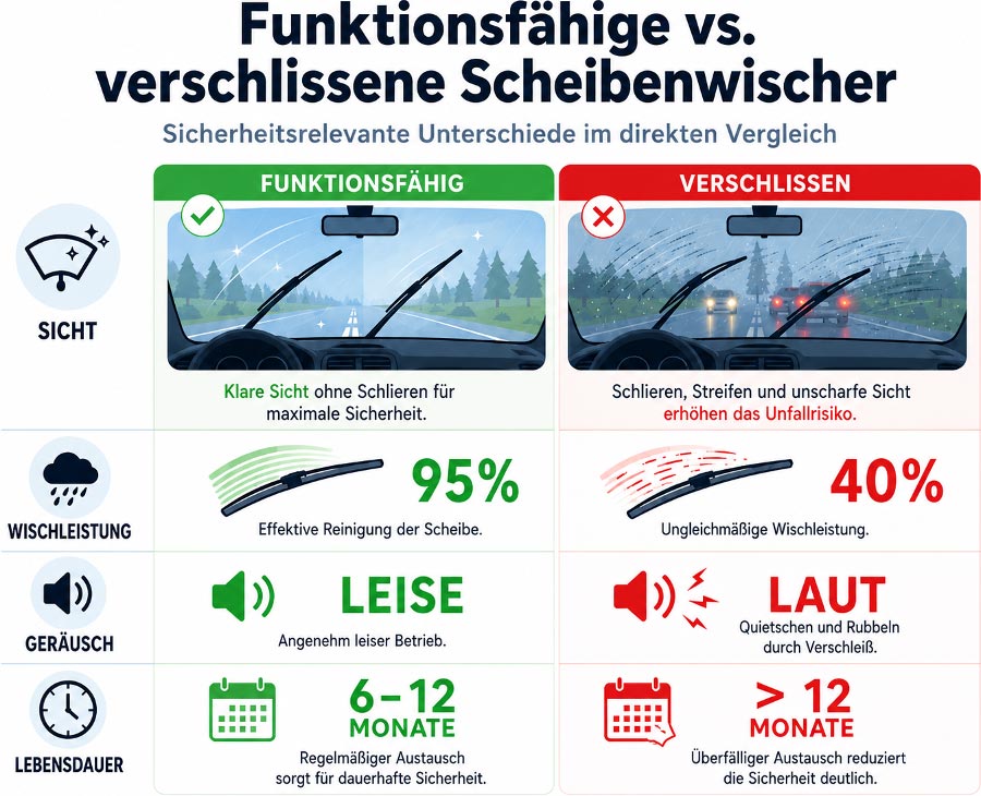 Funktionsfähige vs. verschlissene Scheibenwischer.