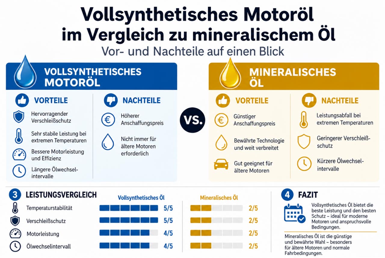 Vor- und Nachteile von synthetischem und mineralischem Mototöl auf einen Blick.